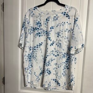 White and Blue Leaf Print Top